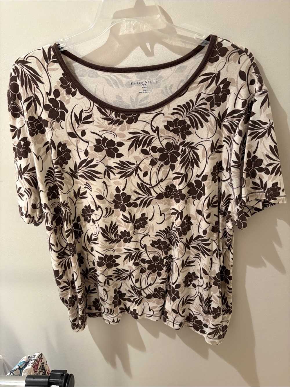 Karen Scott Cream Top with Brown Floral Print